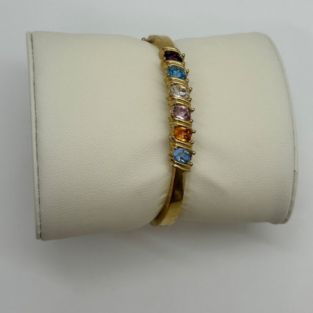 Vintage Gold Tone Bangle Bracelet Rainbow Birthstone Multi-Color Crystals Hinged - Picture 5 of 16